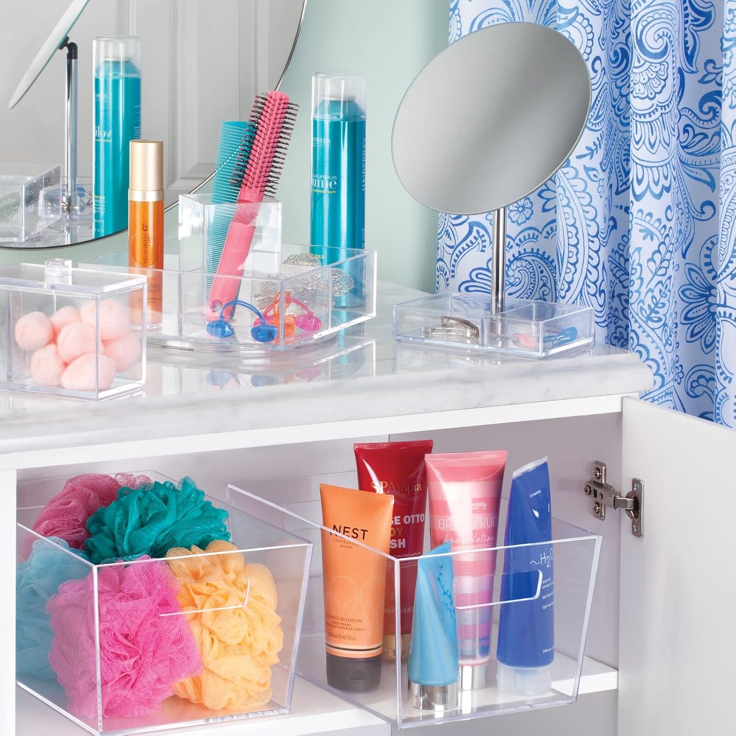 mDesign Plastic Bathroom Organizer Storage Bin with Handles for Organizing Hand Soaps, Body Wash, Shampoos, Conditioners, Hand Towels, Hair Accessories, Body Spray, Mouthwash - Large - Clear