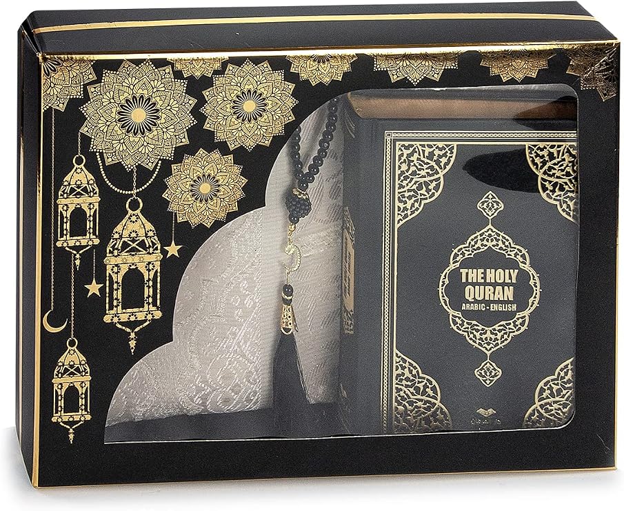 ihvan online Prayer Gift Box for Hajj and Umrah, Quran with English Translation, Muslim Prayer Rug, Islamic Mat, Holy Quran,99 Pearly Beads Tesbih, Islamic Deluxe Set for Ramadan & Eid Gift