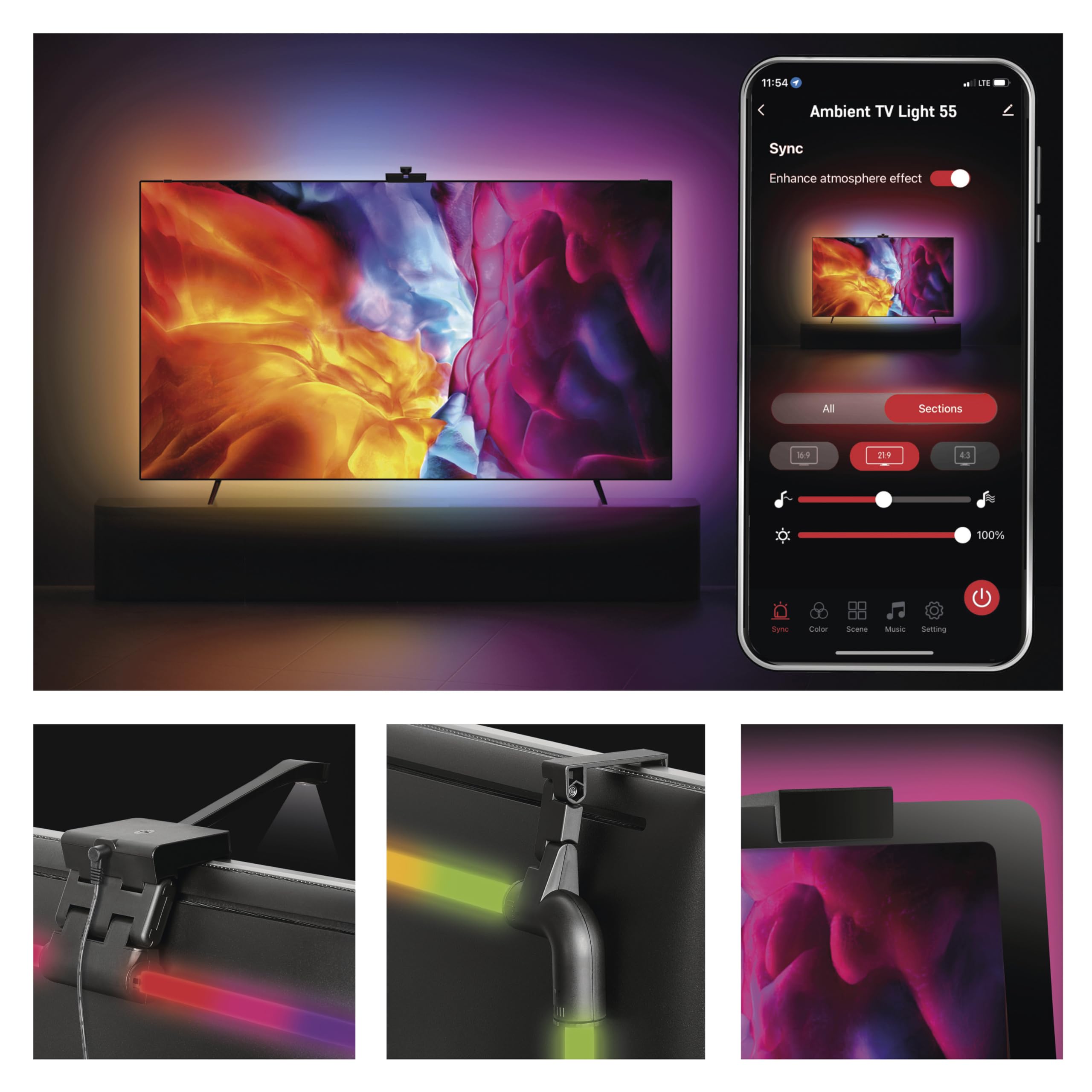 EMOS Retroilluminazione intelligente per TV da 55" (139 cm) - Tubi luminosi LED RGBIC rimovibili per TV con fotocamera - Luminosità 450 lm - Connettività WiFi, controllo tramite app