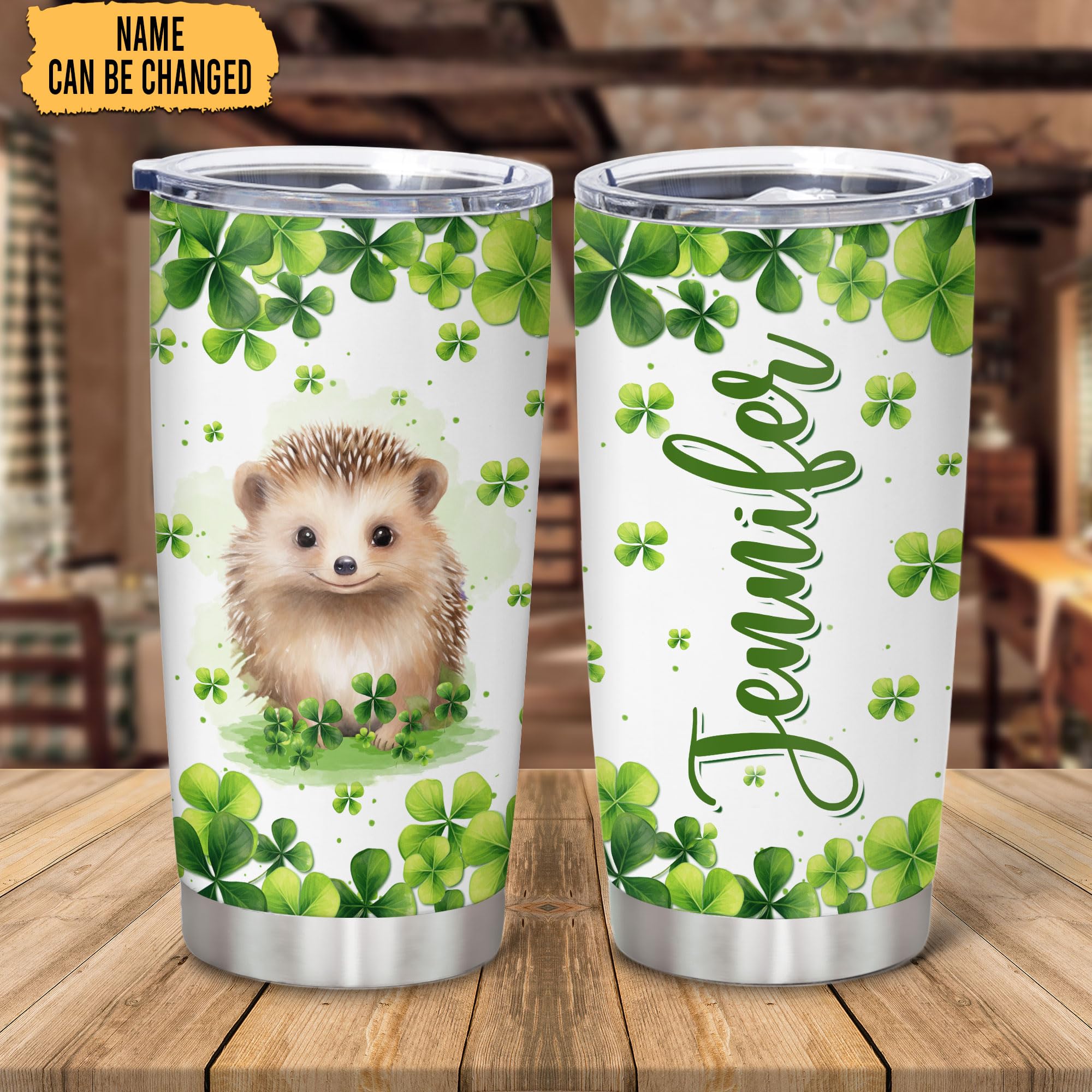 Hyturtle Personalized Gifts Hedgehog Lover - With Lucky Four Leaf Clover Custom Name Coffee Tumbler Cup Stainless Steel 20oz, Animal Lover Gifts For Women, Girl On Birthday, St Patricks Day