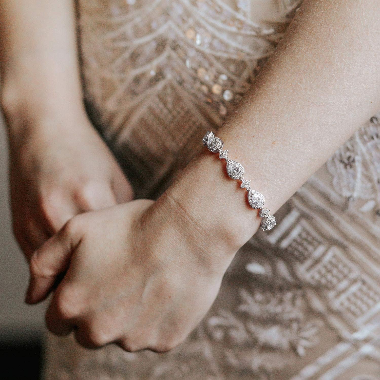 SWEETV Wedding Teardrop Bracelets for Brides Bridesmaids, Crystal Cubic Zirconia Bridal Bracelets for Women Prom - Image 2