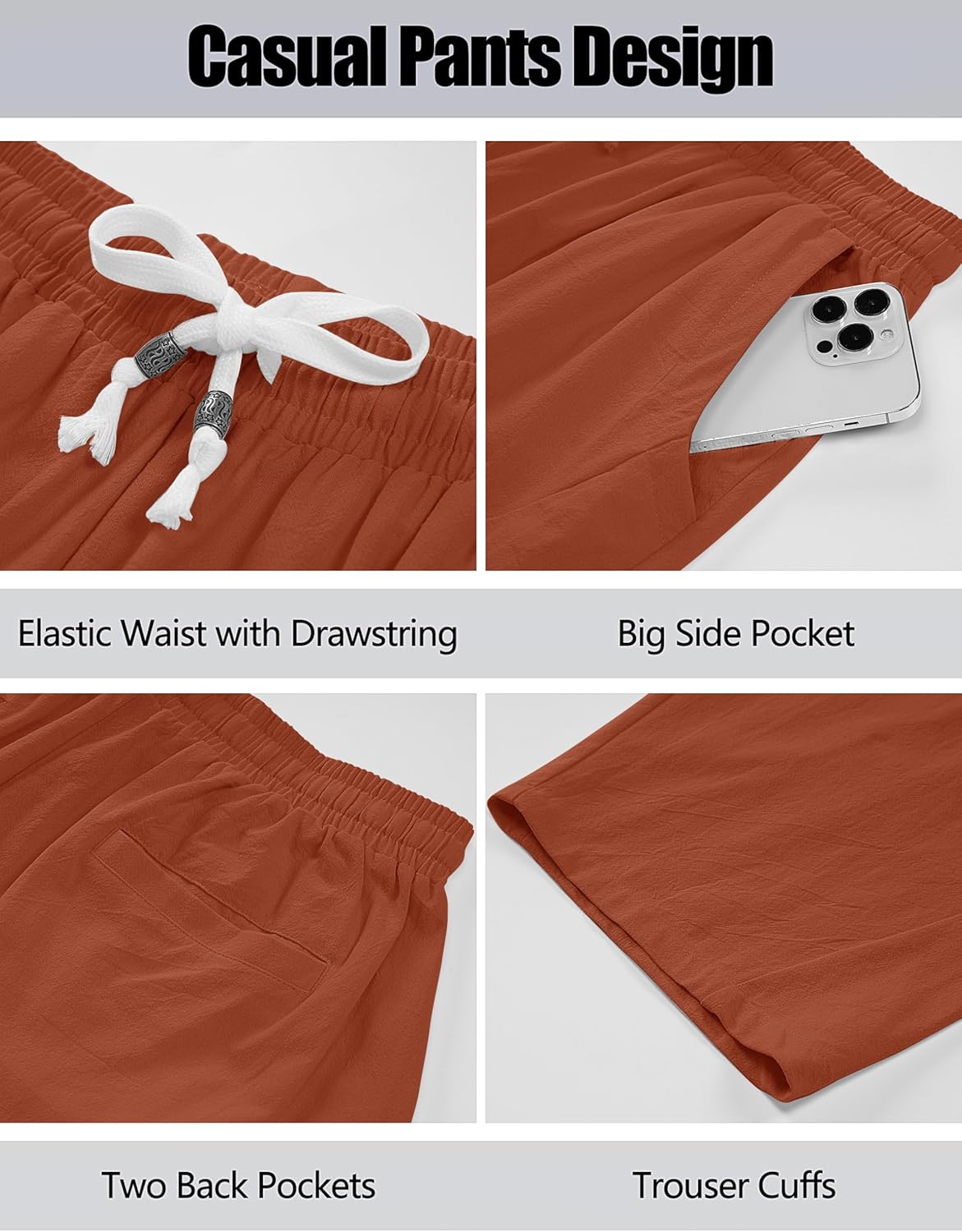 Cotrasen Men's Cotton Linen Capri Pants Loose Fit Elastic Waist Drawstring Baggy Harem Pants Casual Beach Yoga Trousers - Image 5