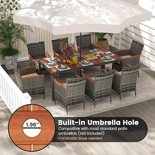 Miniatura 5 de Tangkula Juego de comedor de mimbre para exteriores, juego de muebles de comedor de patio con mesa de madera de acacia y 8 sillones, juego de mesa y
