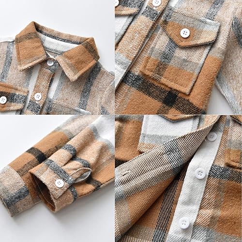 Miniatura 3 de Feidoog Paquete de 2 camisas a cuadros para bebé, niños y niñas, con manga larga, solapa, botones, estilo chaqueta, ropa de uso exterior