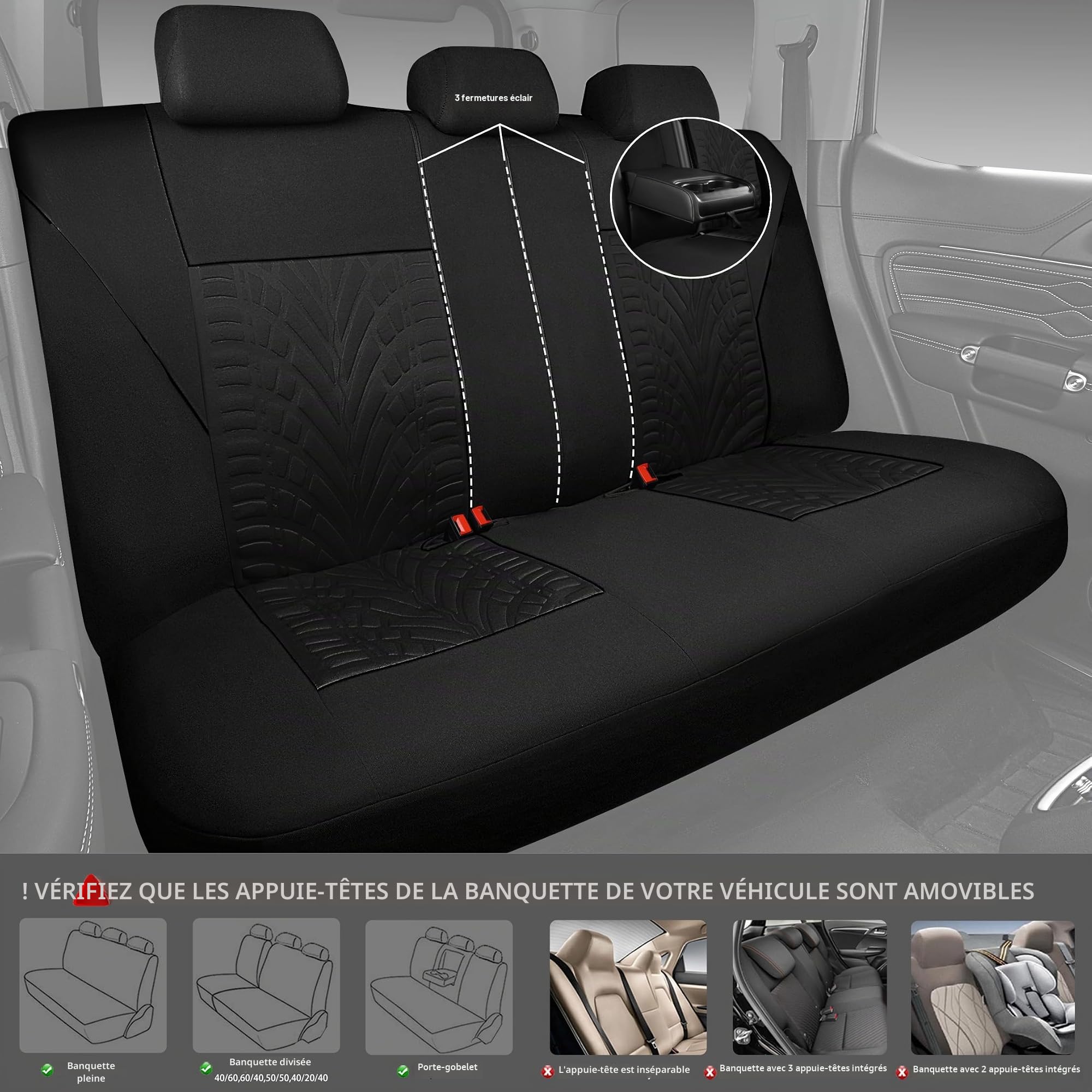 CAR PASS Housses de siège Voiture complètes pour Auto, Camion, SUV, Couvre Siege Auto avec Impression de pneus 3D, Compatibles avec airbags, Installation Rapide (Ensemble Complet, Noir)