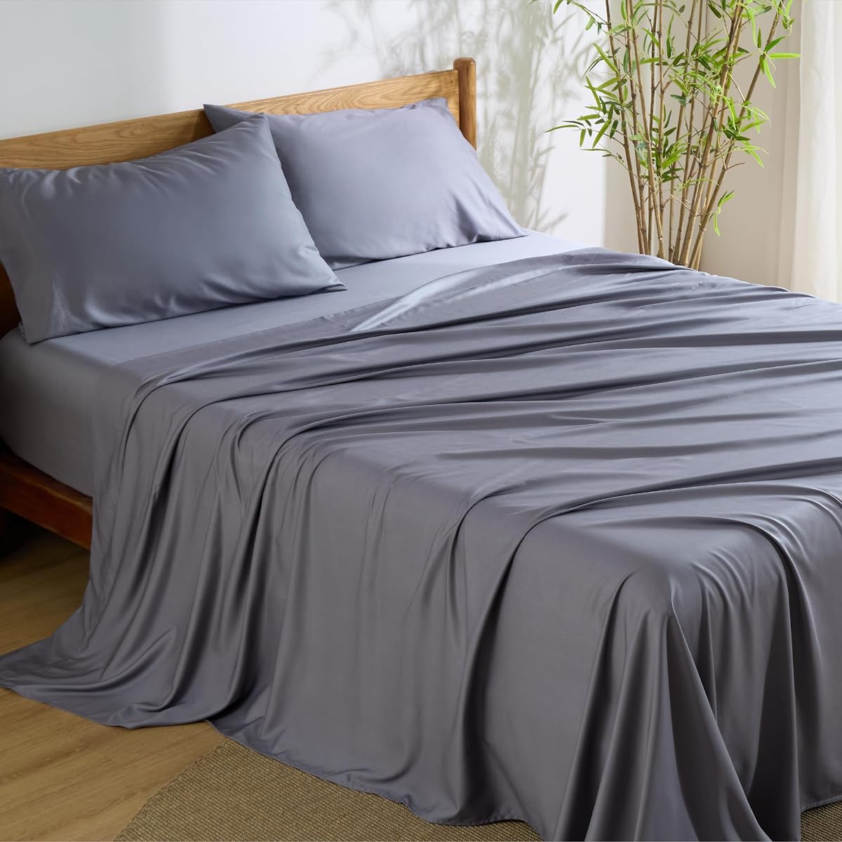 PureWoven 100% Rayon Derived from Bamboo, Full Size Sheets, 4 PCS | Cooling Sheets for Hot Sleepers, Breathable & Silky Soft, 16" Deep Pocket, Hotel Luxury Bedding, Dark Grey