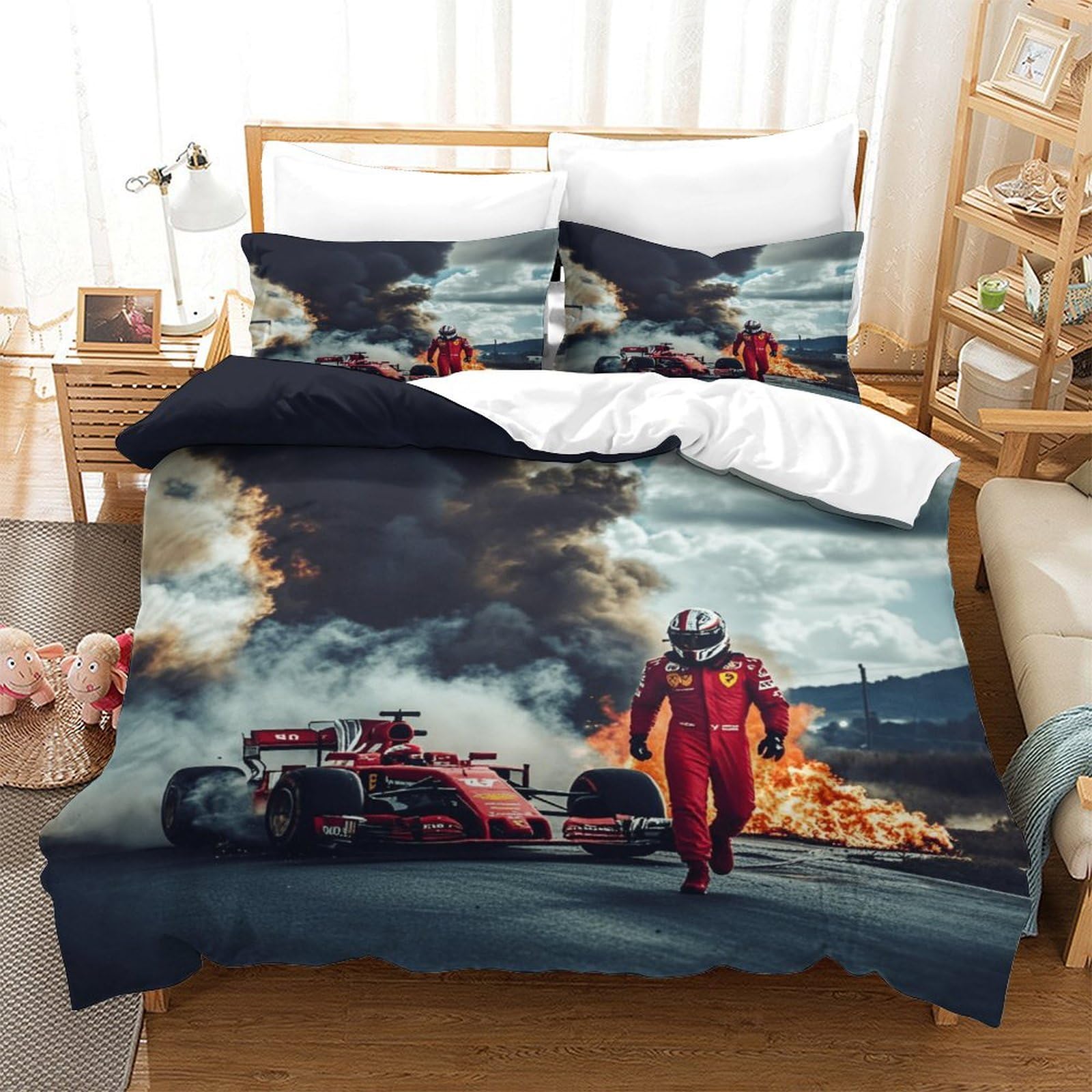 LILIlaobiao Ferrariii Pattern Bedding Set 3D Printed Formula racing Quilt Cover with Zipper Closure Comforter Cover with Pillowcase Double（200x200cm） Duvet Cover for Kids & Adults 3 Pieces
