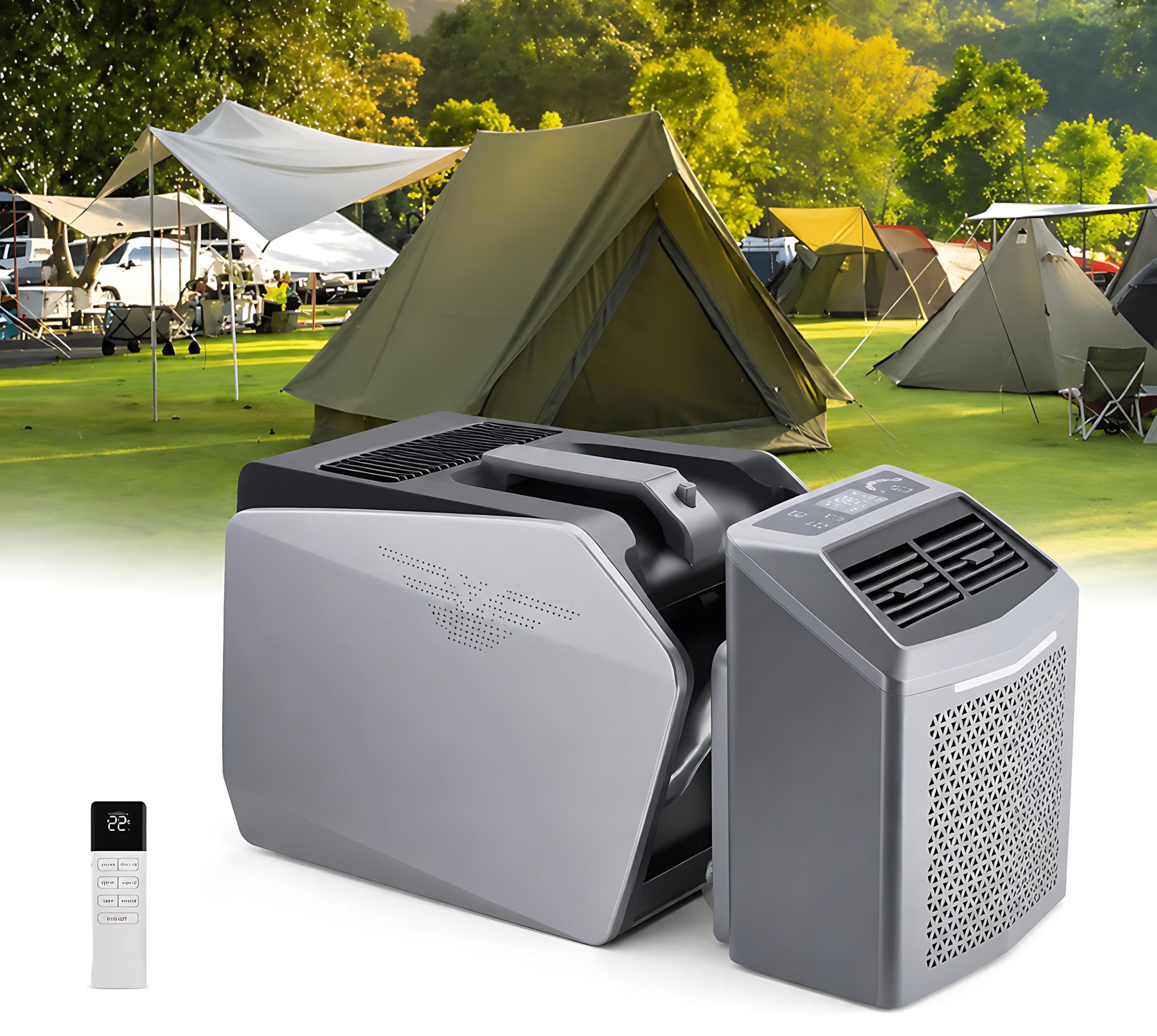 KPOUYYDS Portable Camping Air Conditioner, Tent AC Unit, 6200 BTU 550W, 48V DC/110V/220V AC, 4-in-1 Quiet Cooler with Fan Dehumidifier Sleep 12H Timer, for RV Van Life Truck Garage Outdoor 110/220V