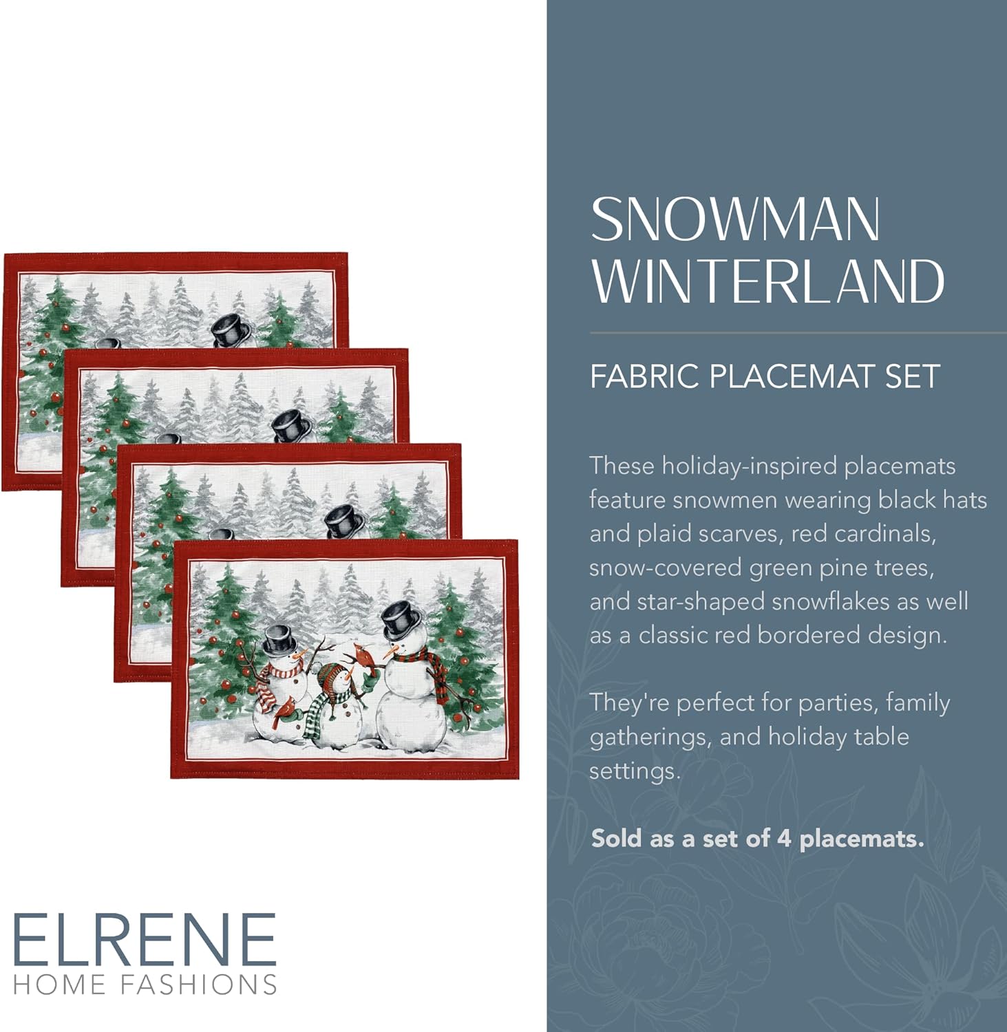Elrene Home Fashions Snowman Winterland Holiday Snowflake Placemats, Set of 4, 13 Inches x 19 Inches