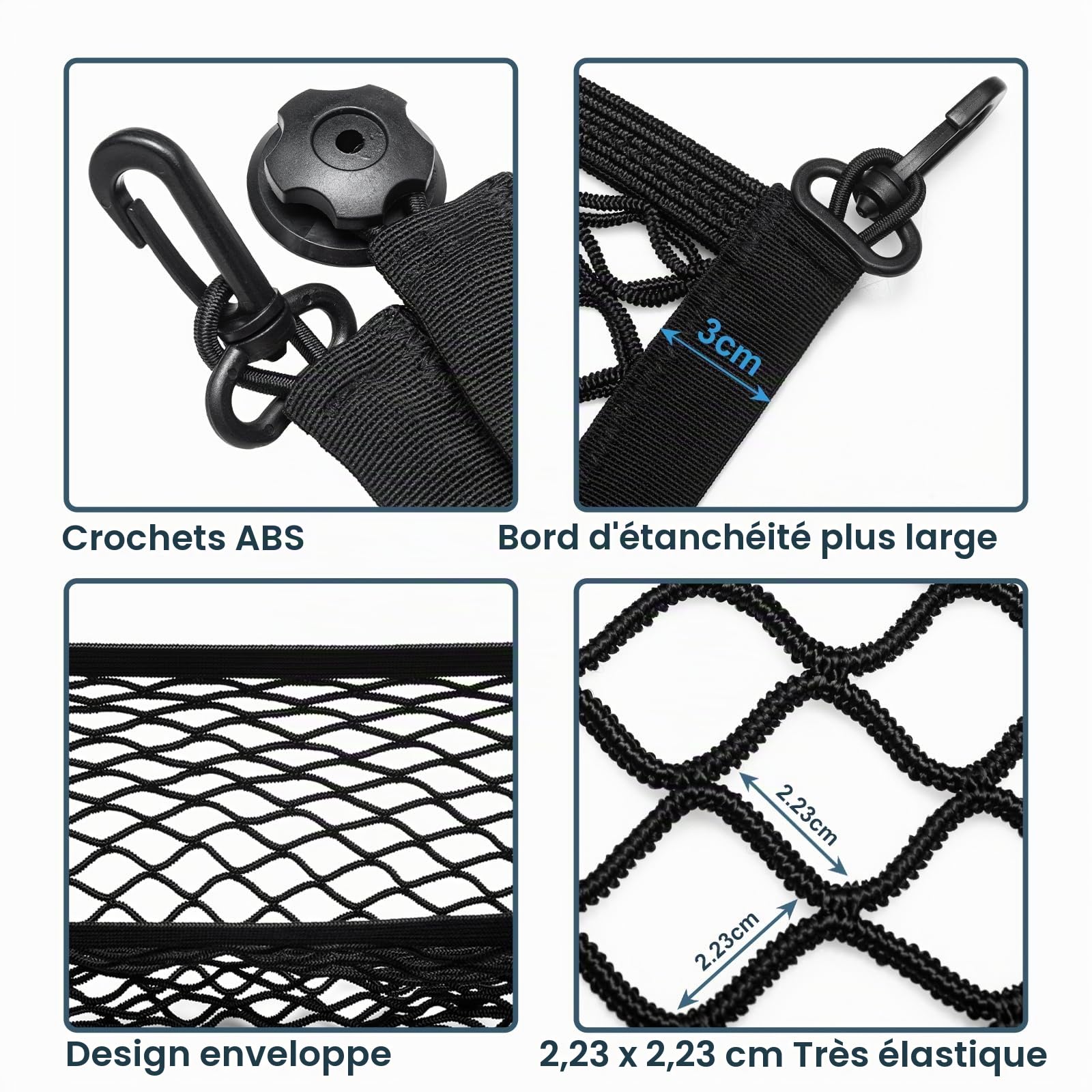 Filet de Coffre 90 x 30 cm – Extensible jusqu'à 194 x 47 cm, 8 Crochets, renforcé et élastique – idéal pour Bagages, SUV et Voyages | Filet de rangement pour coffre de voiture, filet de protection hautement élastique pour camping-car et SUV