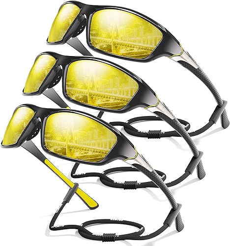 Miniatura 49 de Paquete de 3 lentes de sol deportivos polarizados para hombres, gafas de sol masculinas envolventes con protección UV para ciclismo, pesca y