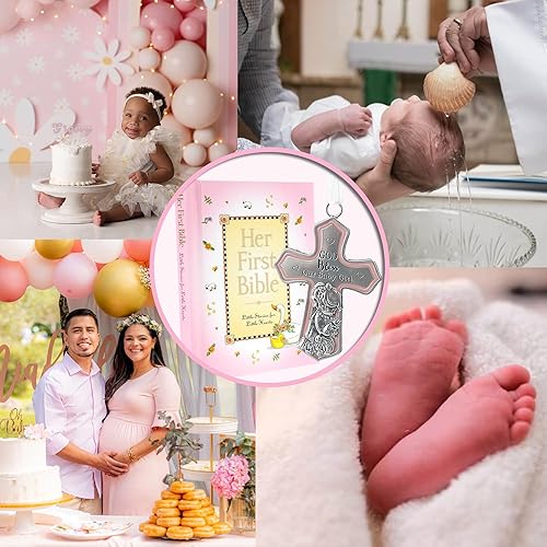 Miniatura 2 de elskandi Juego de regalo de bautismo católico y de primera Biblia para bebé niña  Rosa "Her First Bible" y cruz de cuna con Dios bendiga a nuestra