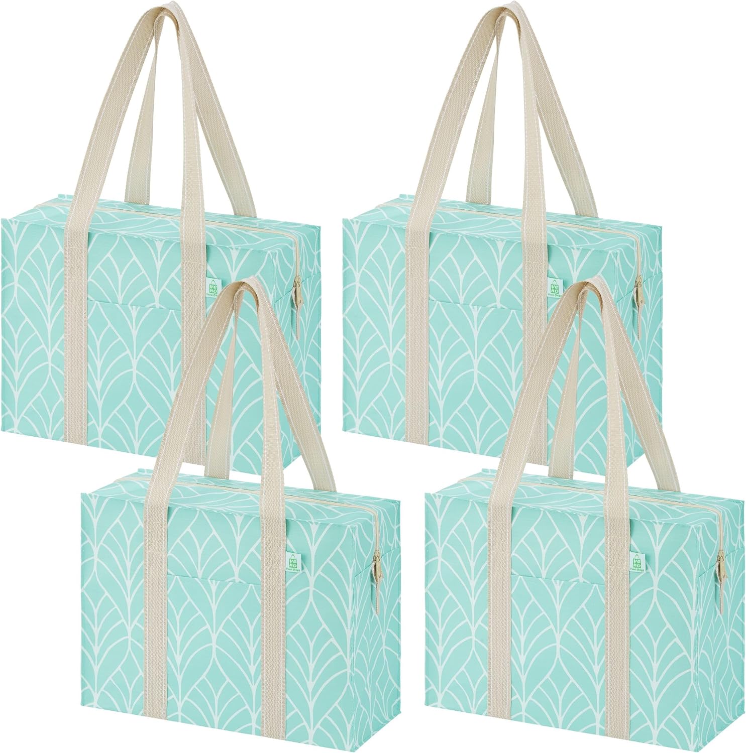 VENO 4 Pack Tote Bag with Zipper, Reusable Grocery Shopping Bag, Heavy Duty, Water Resistance Shoulder Handbag for Women Men (Green Leaves, 4 Pack)