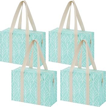 VENO 4 Pack Utility Tote Reusable Grocery Bags with Zipper & Hard Bottom | Heavy Duty Foldable Water-Resistant Shopping Bags for Summer Beach, Pool, Picnic & Travel Carry-on Evergreen, 4 Pack