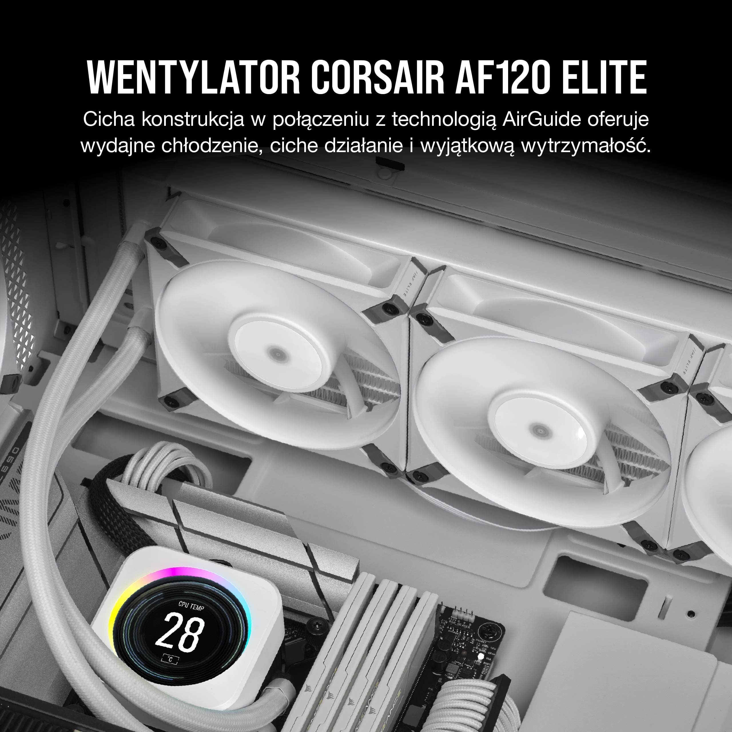 Corsair AF ELITE Series - AF120 ELITE Wentylator z Dynamicznym łożyskiem Olejowym 120 mm z AirGuide (Niski poziom hałasu, obsługa trybu zerowych obrotów) Jedna Sztuka - Biały