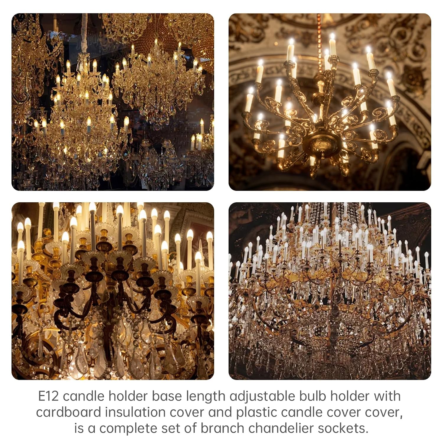 RTNLIT E12 Light Bulb Socket, Adjustable Height Chandelier Candle Lamp Candelabra Base Lamp Holder with 4.13" H Plastic Candle Cover Sleeves, for Chandelier Crystal Light (Pack of 10)