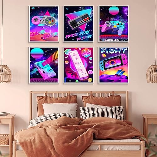 Miniatura 4 de Juego de 6 impresiones artísticas de pared de videojuegos, lienzo colorido con temática de videojuegos, decoración de pared de sala de juegos,