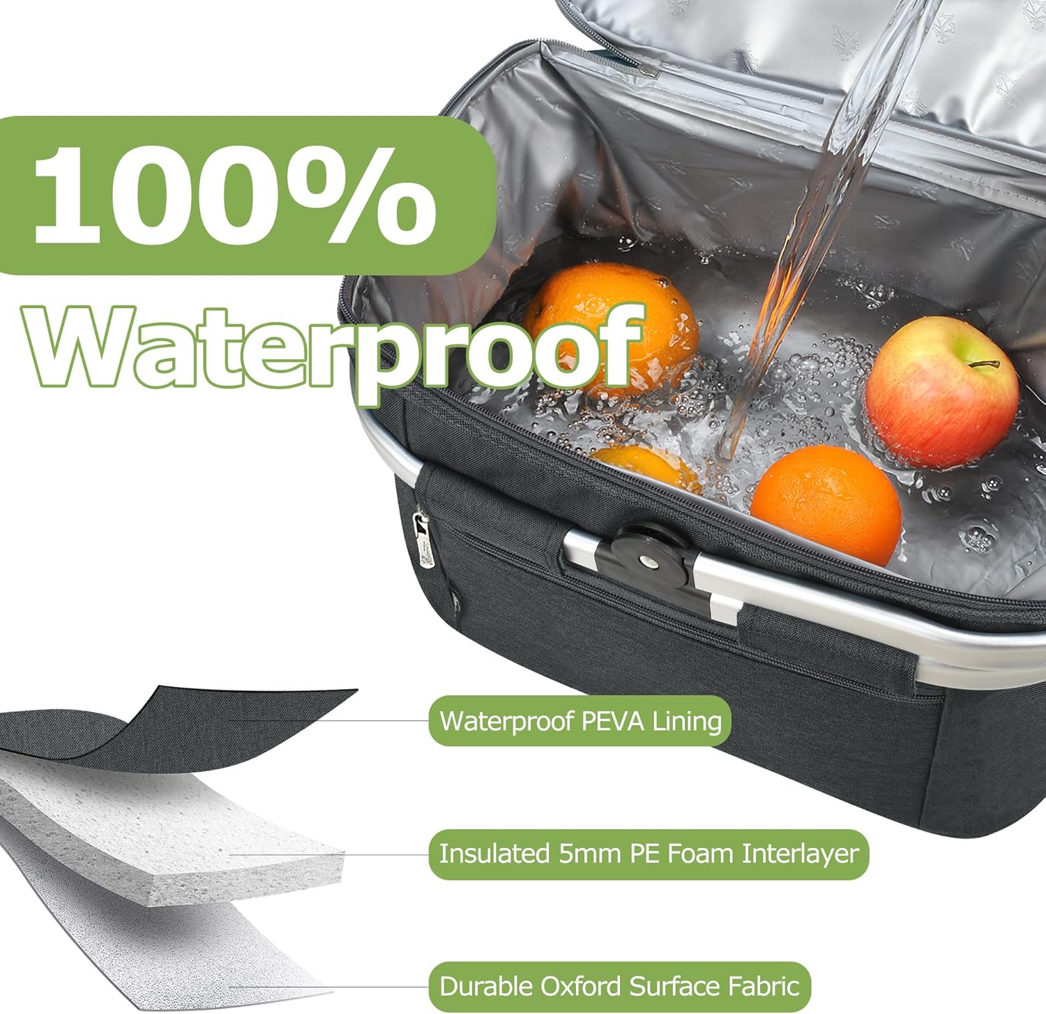 Tirrinia Large Insulated Picnic Basket, 34L Water Resistant & Leakproof Collapsible Portable Cooler Basket Set with Aluminium Handle for Travel,Foldable Grocery Bag, Black