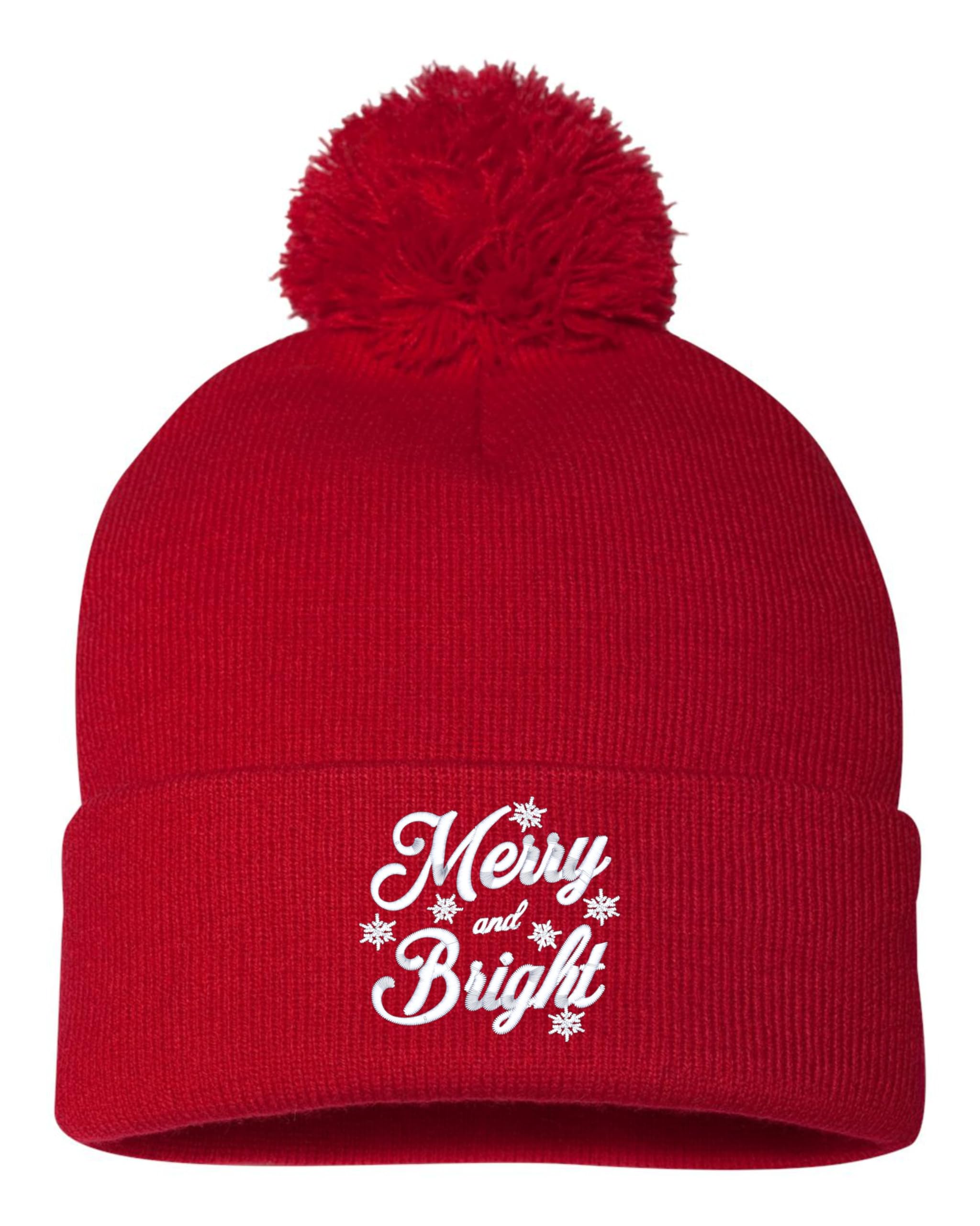 One Size Red Pom Merry & Bright Christmas Embroidered Knit Beanie Pom Cap
