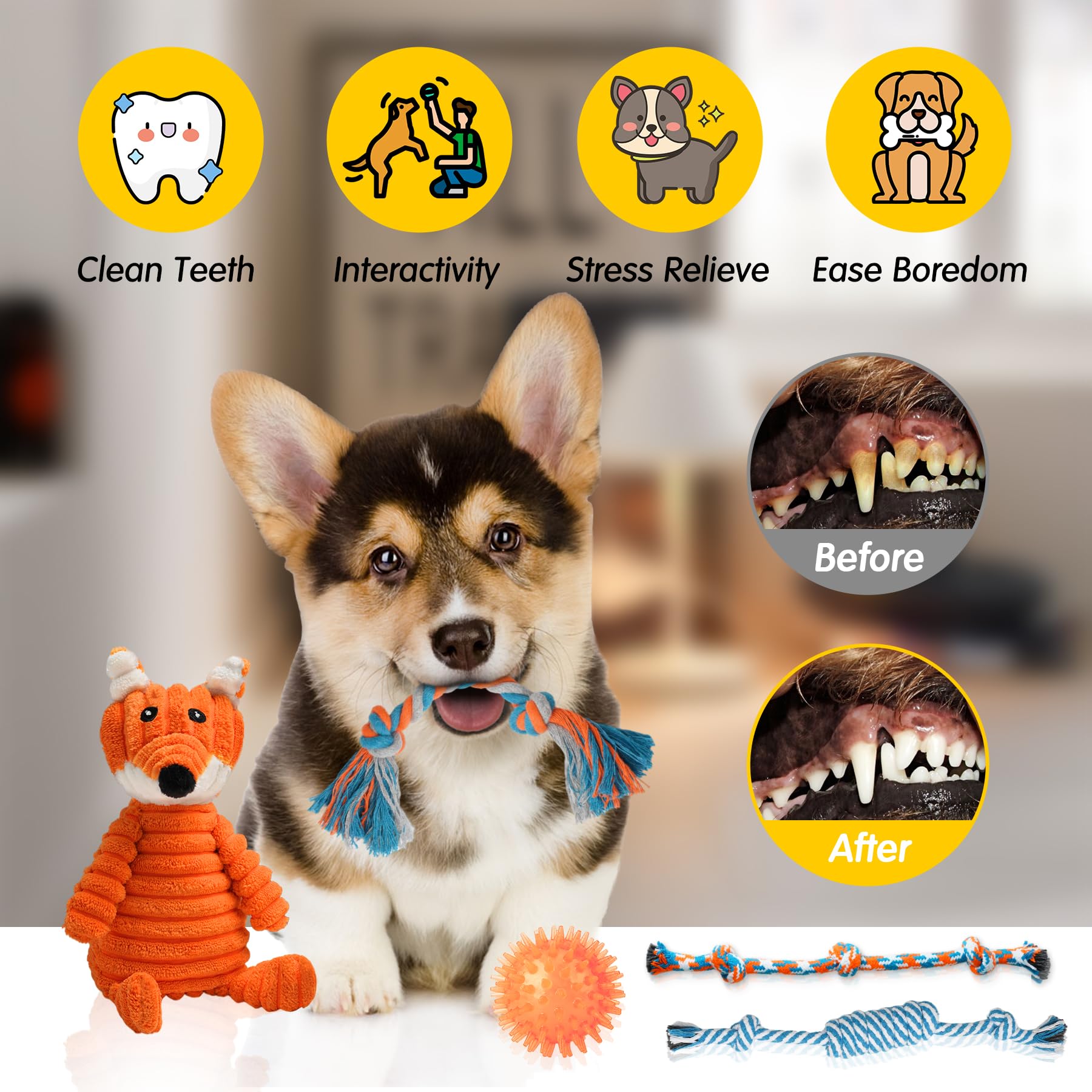 Zeaxuie Paquete de 14 juguetes para cachorros para dentición de perros pequeños, juguetes masticables para cachorros con bonitos juguetes chirriantes para perros, pelota y más juguetes masticables de