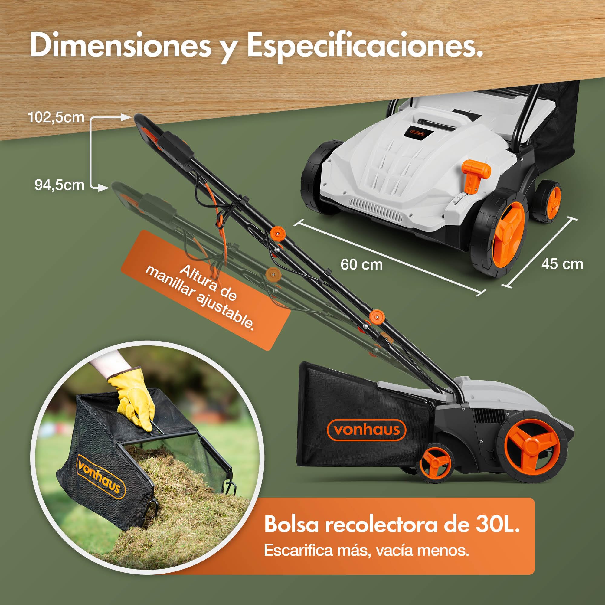 VonHaus Escarificador/Aireador/Rastrillo Eléctrico 1500W – Para Escarificar Y Rastrillar El Césped, Elimina Fieltro, Musgo Y Hojas Secas, Aireación Del Suelo, Caja 30L, 4 Alturas, Ancho 32cm