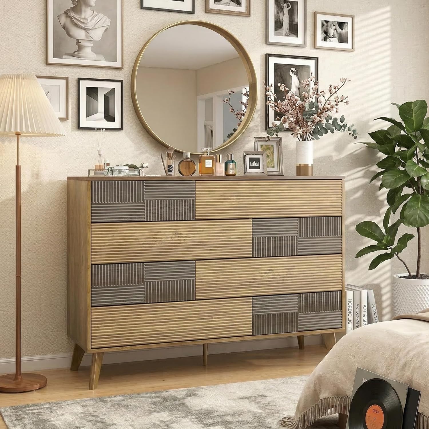 Hadulcet Fluted 8 Drawers Dresser for Bedroom, Mid-Century Modern Dresser, Minimalist Wood Chest of Drawers, No Handles Design, Closet Clothes Storage Organizer for Hallway Guest Room, Rustic Brown