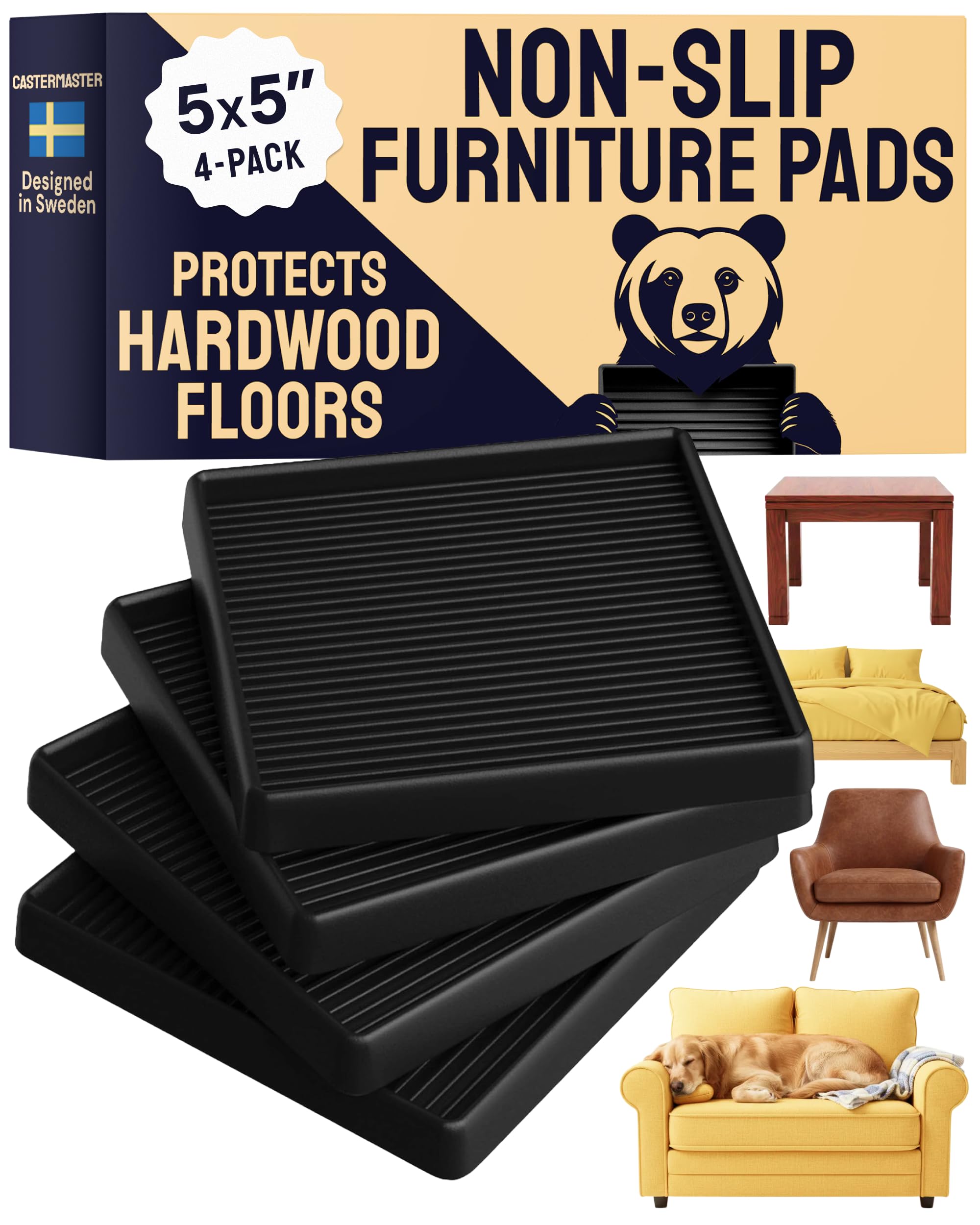 CasterMaster Non-Slip Furniture Pads for Hardwood Floors - 5 in x 5 in Pack of 4 - Black - Heavy-Duty Rubber Feet & Floor Protectors for Furniture - Noise-Dampening Anti-Skid Caster Cups