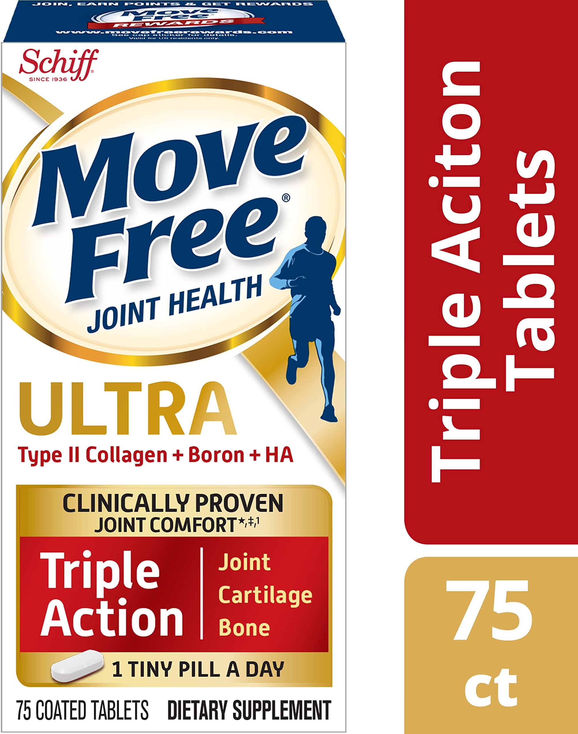 Type II Collagen, Boron & HA Ultra Triple Action Tablets, Move Free (75 Count in A Bottle) 1 ea (Pack of 3)