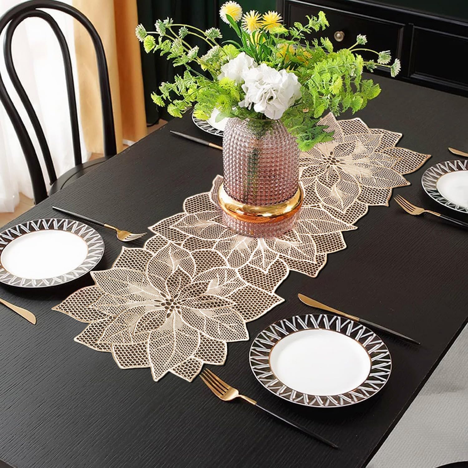 Flower Shape Design Soft PVC Table Runner for Dining Table with Waterproof, Heat Resistant, Easy to Clean, Non-Slip Surface, (Pack of 1 Size- 92cm X 36cm - Gold RN02)-image-6
