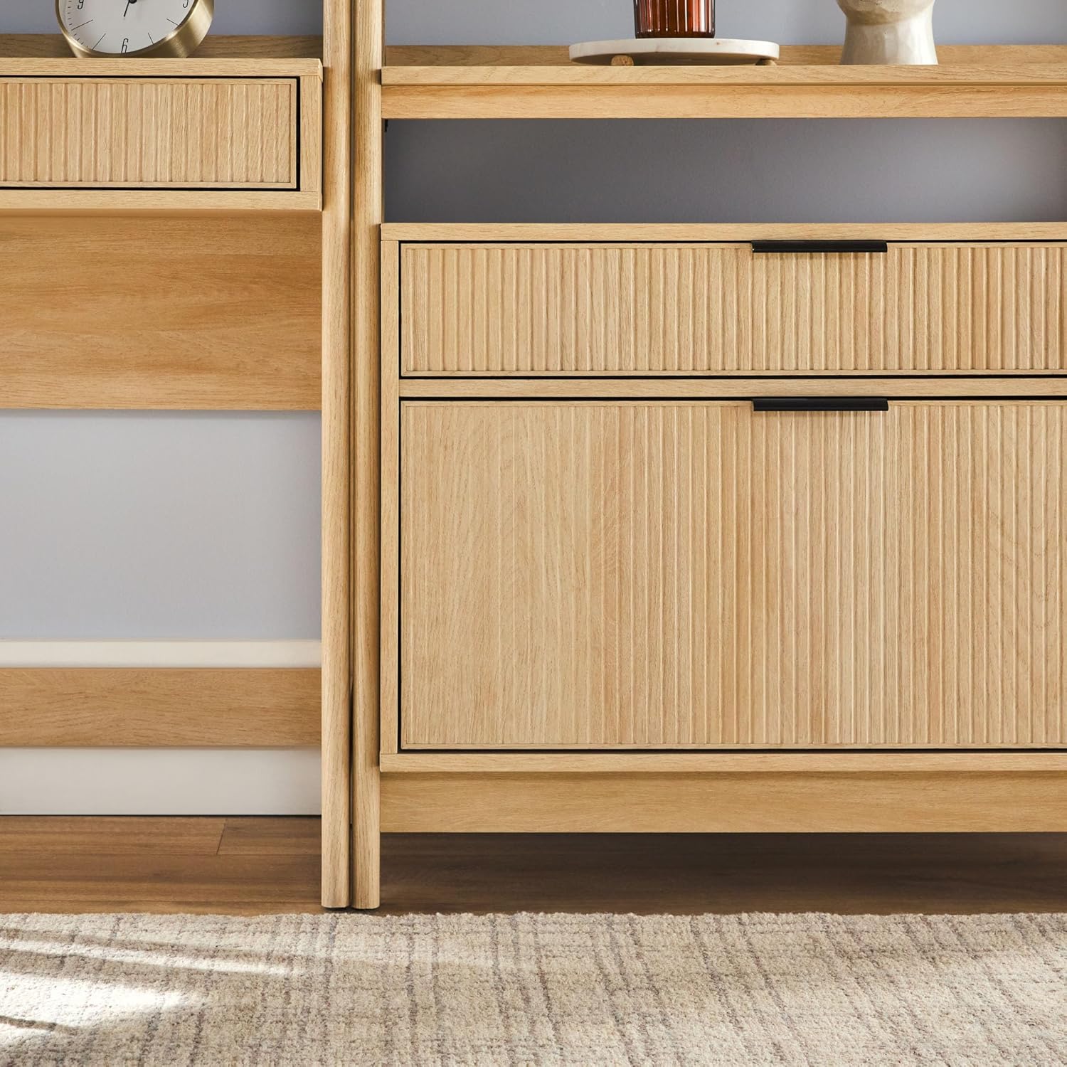 Walker Edison Transitional 2-Piece Hutch Desk with Wide Bookcase, Reeded Drawer Fronts, Built-in outlets and USB Ports, Set of 2, Coastal Oak