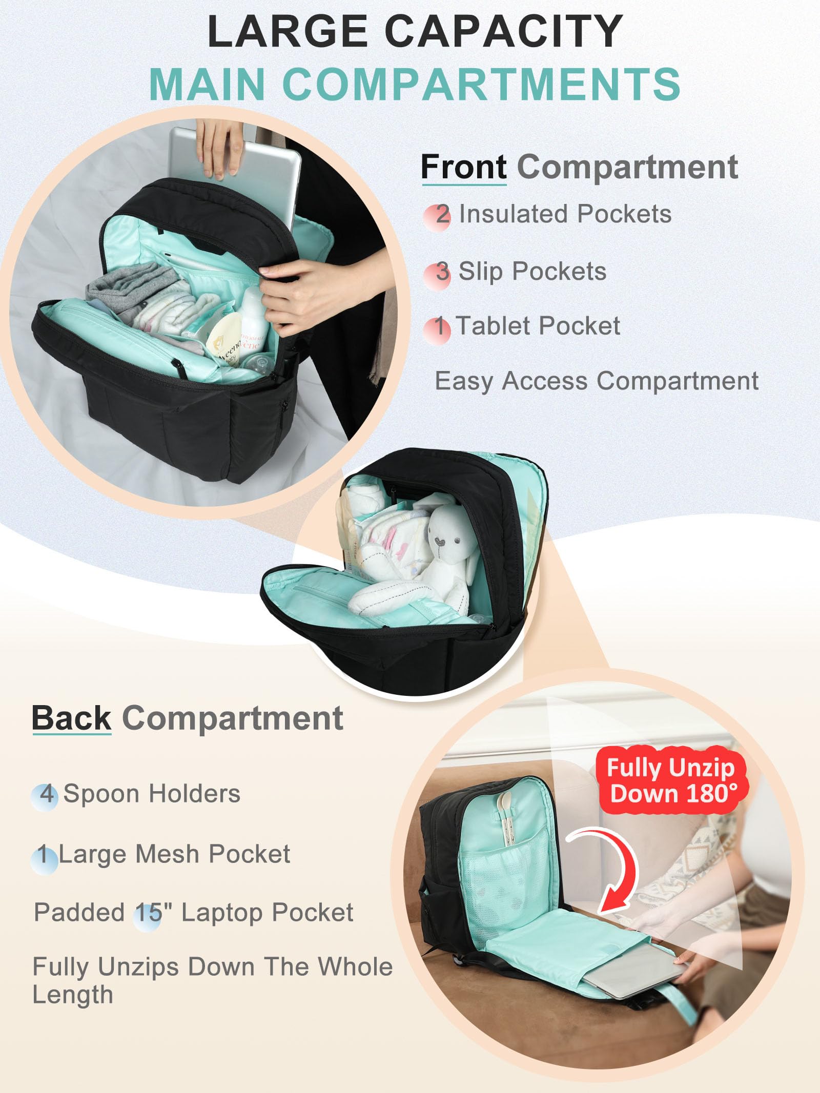 MOMINSIDE Mochila para pañales con 15 bolsillos, bolsa acolchada para bebé para niños y niñas, lista de regalos de bebé, cambiador grande