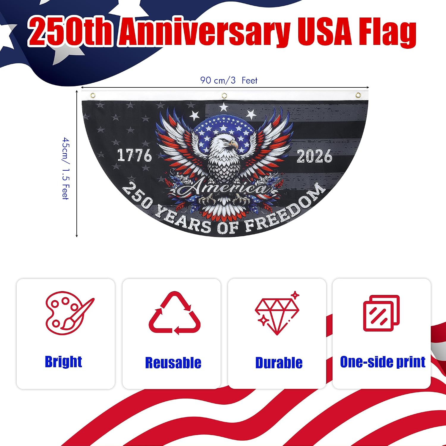Aneco 4 Pcs 250th Anniversary USA Flag 3 x 6 FT 1776-2026 Fan Flags of Patriotic Eagle Design 250th Birthday American Freedom Bunting Flag for Wall, Front Door, Porch, Fence, Outdoor Decorations