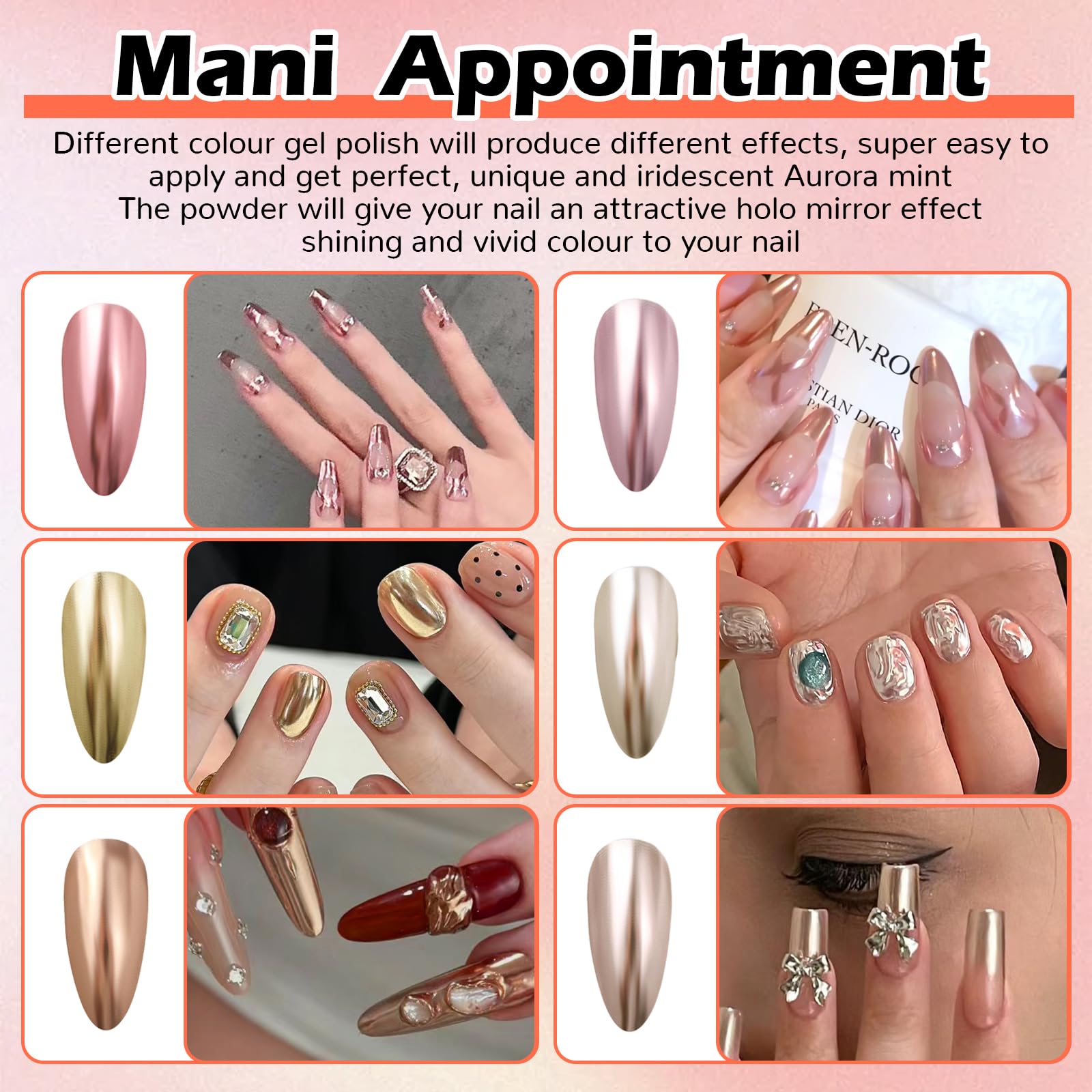 wlertcop 6pcs Chrome Nail Powder, Shiny Nail Art Powder, Chrome Powder for Nails Rose Gold Mirror Effect Nail Powder - Image 3