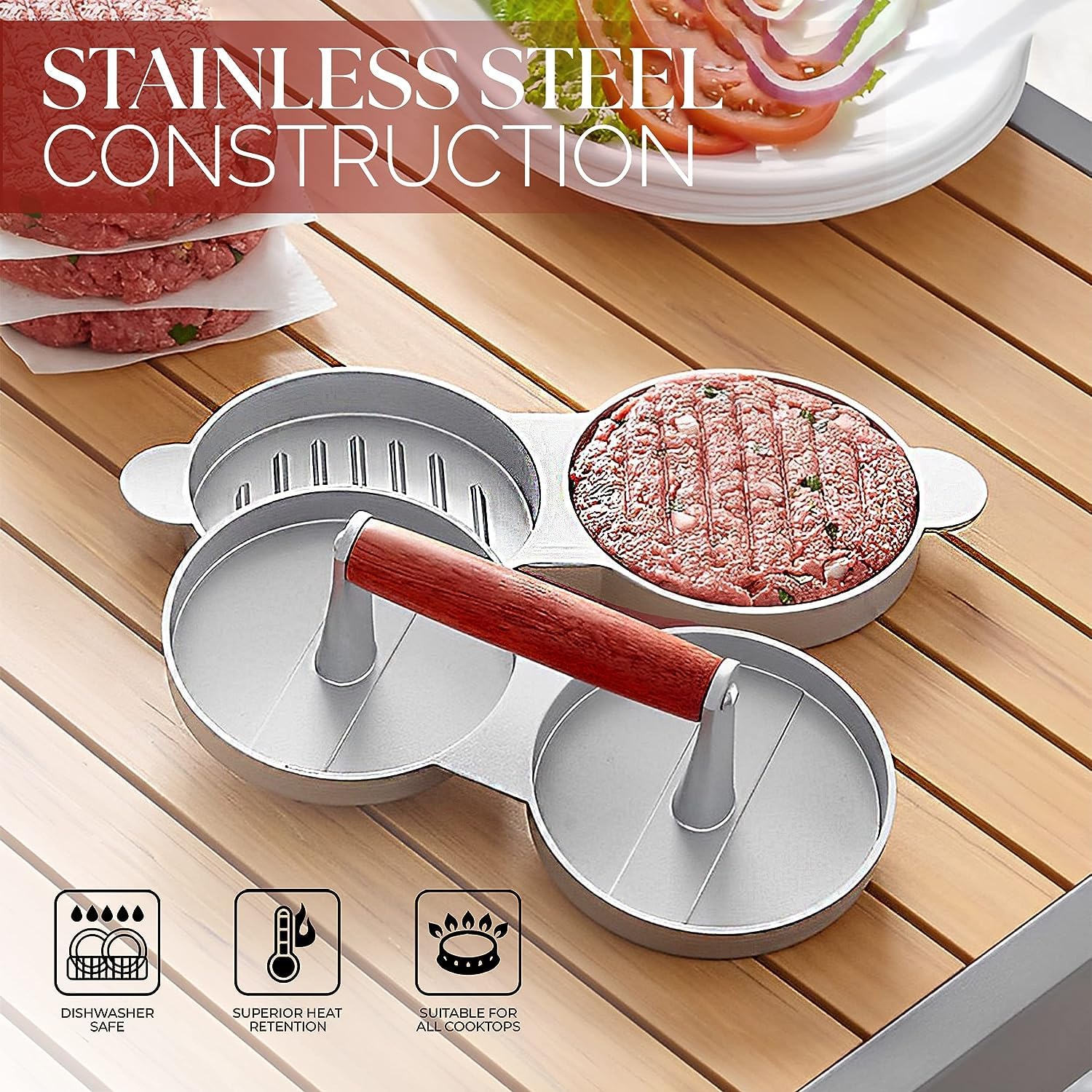 Toriox Double Burger Press, Hamburger Press, Burger Pattie, Patty Press, Made of Cast Aluminium, Burger Maker, 12 Cm Diameter, Wooden Handle, Grill Accessories, Stainless Steel, Gifts 1