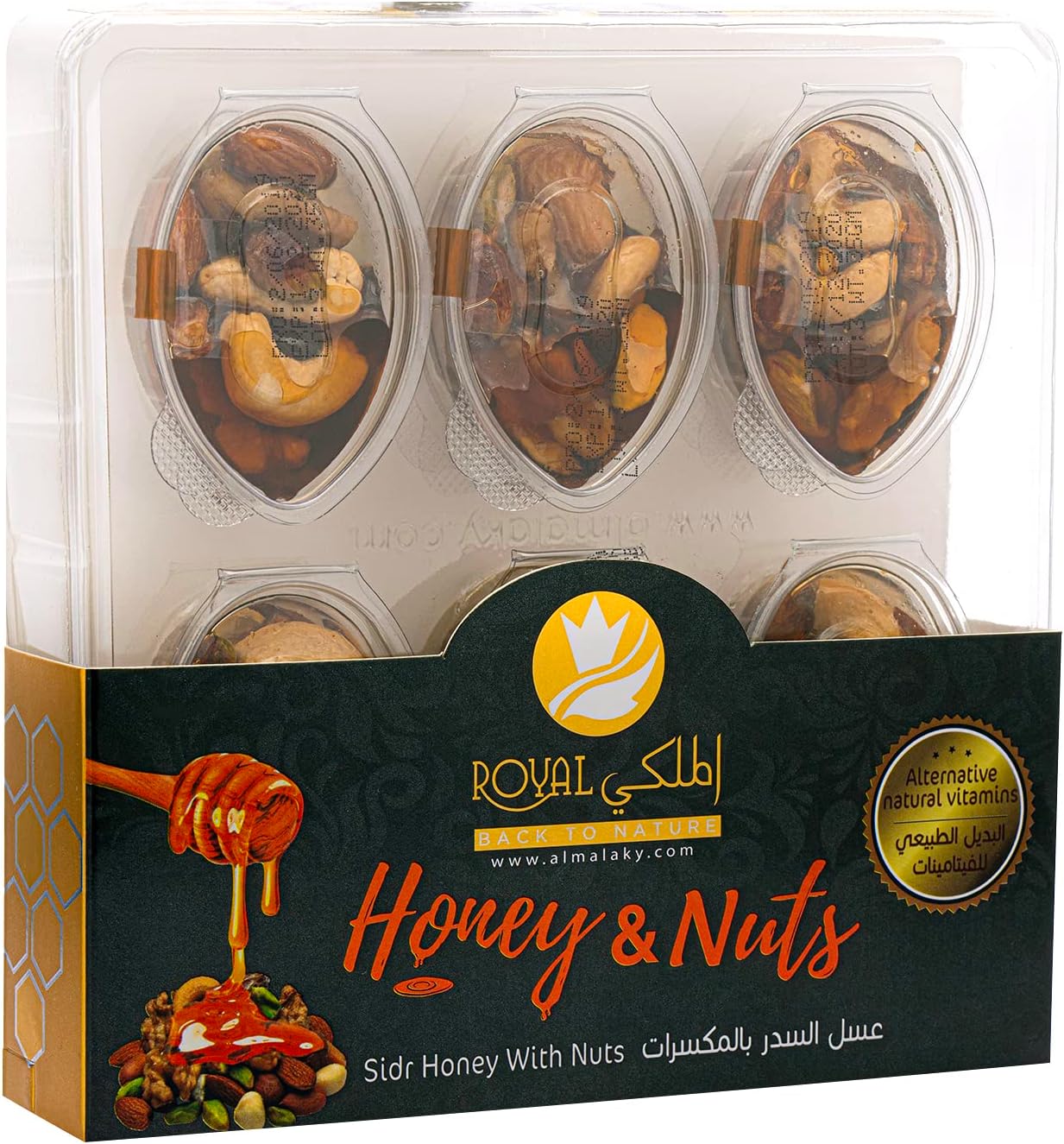 Al Malaky Royal, Premium Sidr Honey with Fresh Nuts, Sweet & Natural Snack, Pure Honey Flavour, For Active Lifestyles, Gym, Work & School, Pack of 6