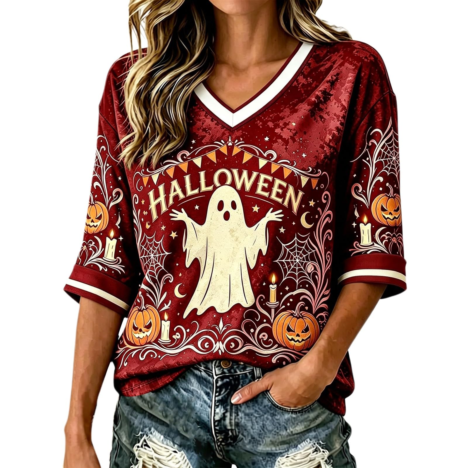 Salem Broom Co Halloween Shirts Women 3/4 Sleeve Vintage Witch Tops Funny Halloween Costumes Casual V Neck Witch Tee Shirts Novelty Fashion Festival Party Clothes (Z01-Red, L)