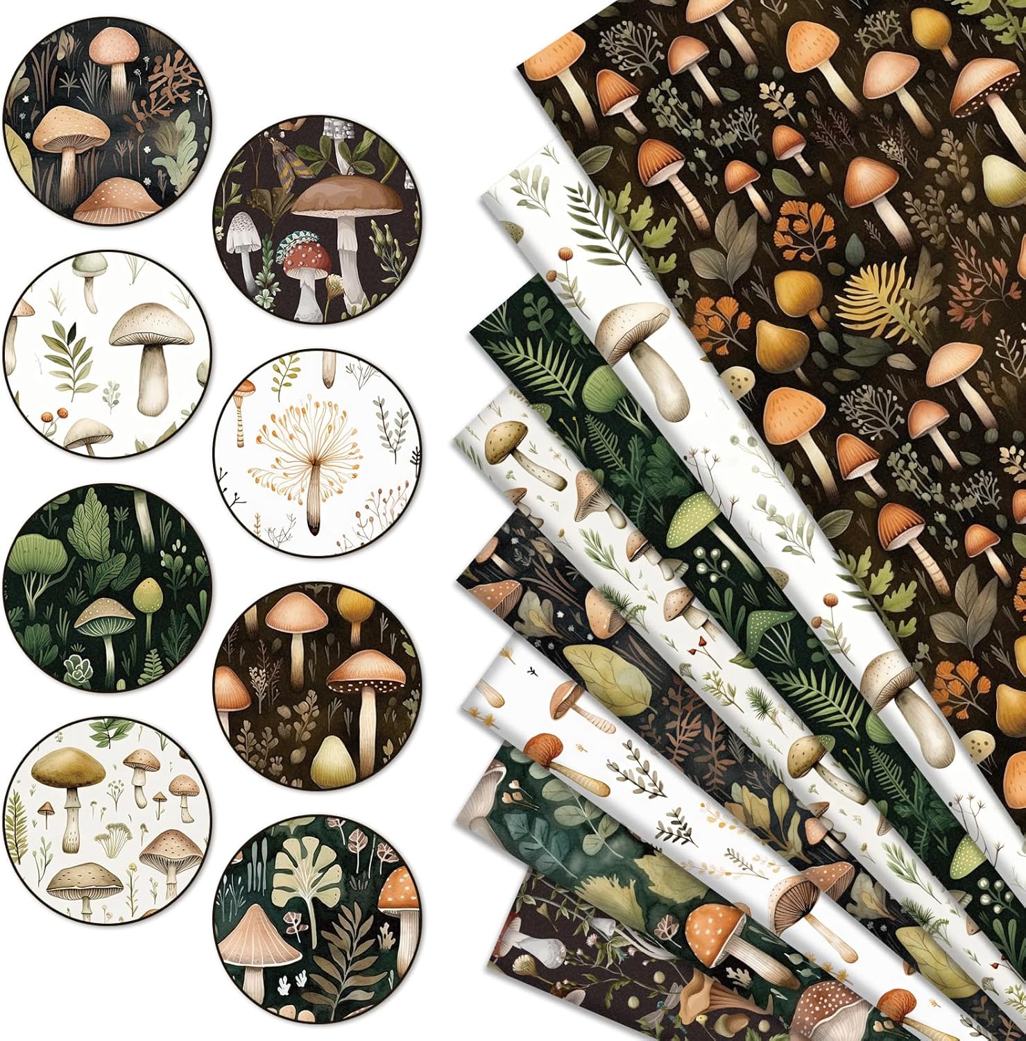 Whaline 8Pcs Mushroom Cotton Fabric Bundles Watercolor Mushroom Leaves Fat Quarters Woodland Forest Sewing Fabrics for DIY Handmade Crafting, 18 x 22 Inch
