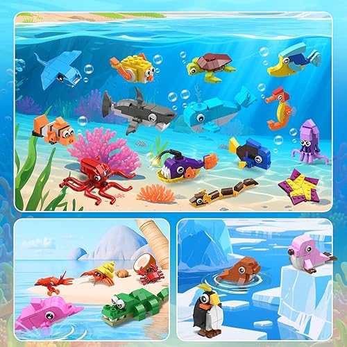 Miniatura 6 de Paquete de 30 recuerdos de fiesta de San Valentín para niños, 824 piezas de bloques de construcción de animales marinos para el día de San Valentín,