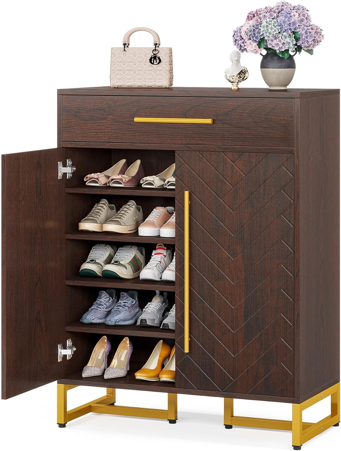 LITTLE TREE Shoe Cabinet with Doors Entryway, 5-Tier Shoe Storage Cabinet with Drawer,Wooden Shoes Rack Shoe Storage Organizer for Entryway, Hallway, Closet, Living Room,Walnut