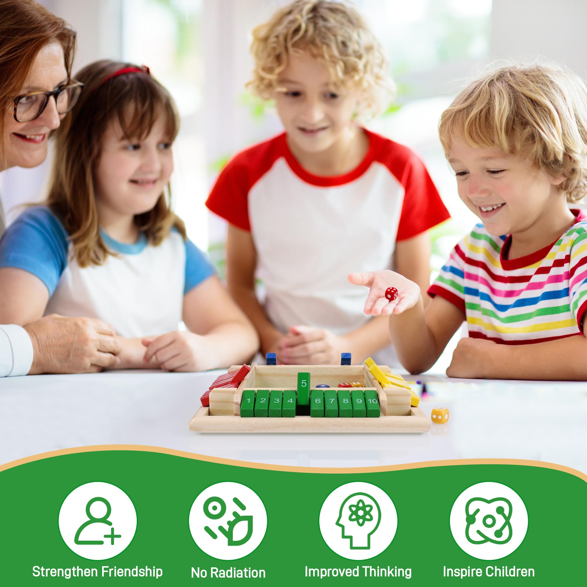 Starvortex Gra planszowa w kości z drewna, edukacyjne Shut The Box na 4 graczy, kolorowa taktyczna gra planszowa z 8 kośćmi, wysokiej jakości drewniane gry, gry w kości dla dorosłych i dzieci