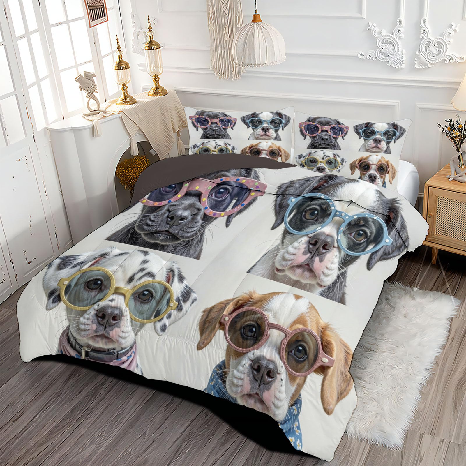 Trapunta Letto Singolo 4 Stagioni Piumone per Bambini, Cane Indossava Occhiali Sole Leggero Semplice Animale Set di Biancheria da Letto 140x200cm con 1 Federe,Piumino Lavabile In Lavatrice