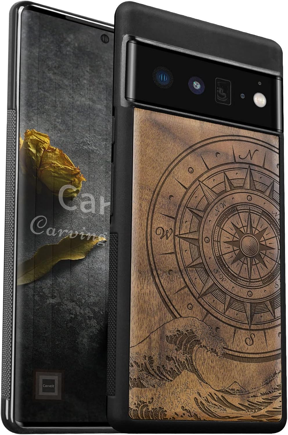 Carveit Wood Case for Pixel 6 Pro Case [Natural Wood & Black Soft TPU] Shockproof Protective Unique & Classy Wooden Cover Compatible with Google Pixel 6 Pro (Waves & Compass-Walnut)
