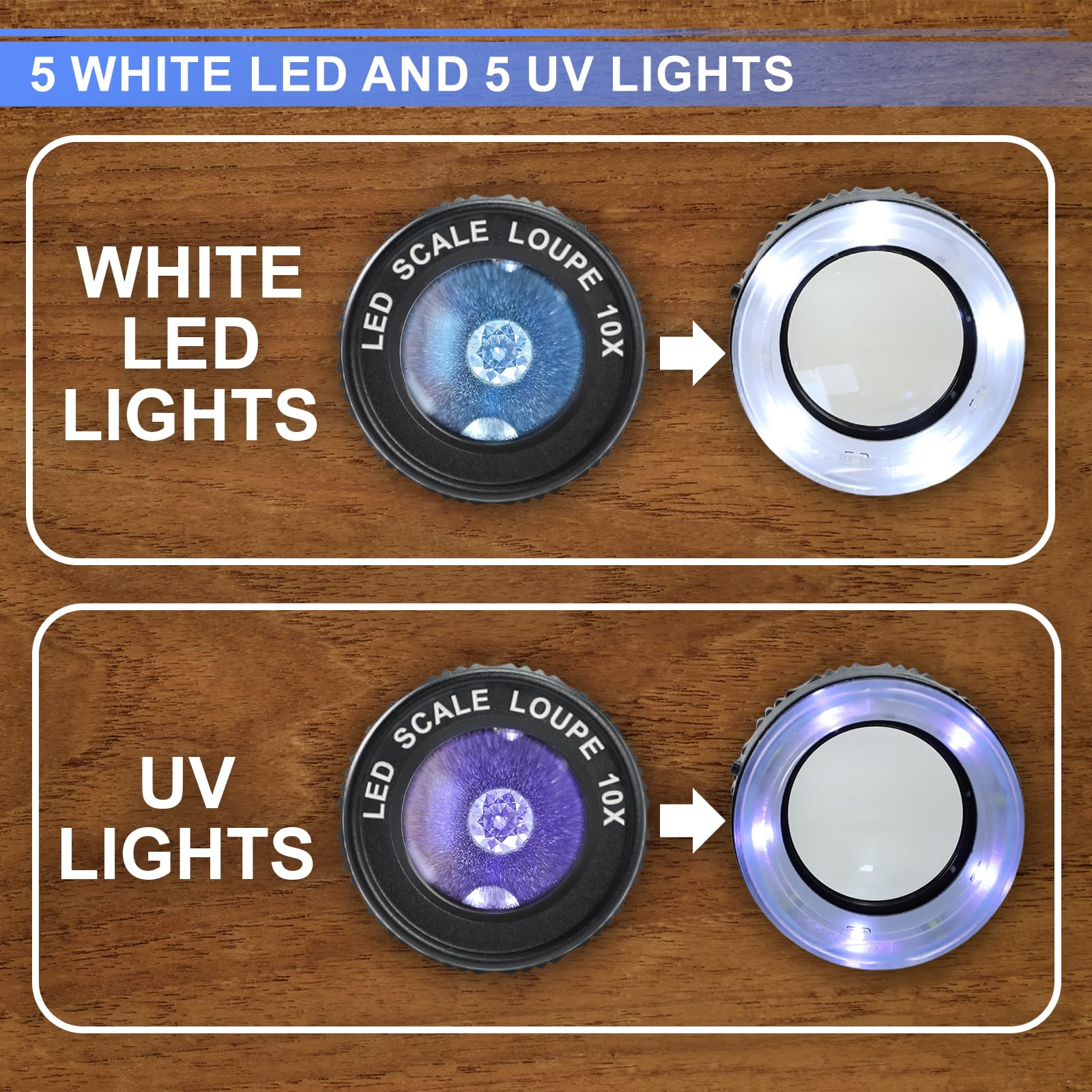 Wiederaufladbare Lupe mit 10-facher Vergrößerung, mit 5 weißen und 5 UV-LEDs, langlebiges Metallgehäuse, optische Glaslinse, abnehmbares Glasabsehen für Schmuckinspektion, Uhrenreparatur, Münzen
