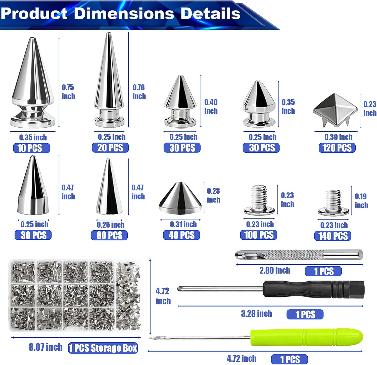 CeeVian Punk Studs for Clothing 603 PCS Silver Punk Studs Rivets Kit Cone Spikes and Square Pyrami DIY Spikes for Leathercraft and Punk Style Clothing Accessories DIY Craft Decoration Dog Collar