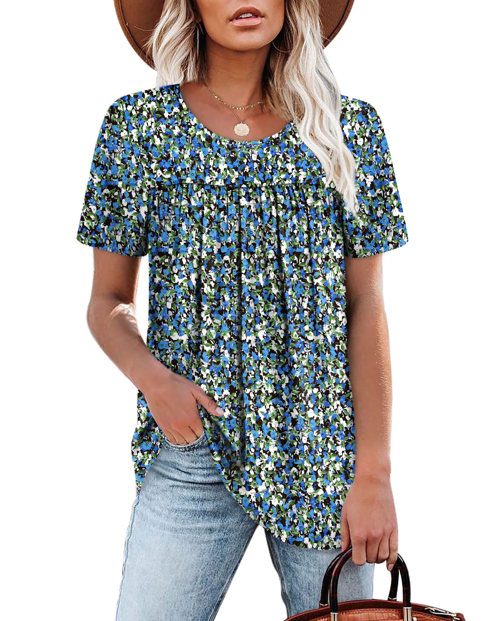 WIHOLL Womens Tops Short Sleeve T Shirts Pleated Dressy Casual Round Neck Summer Clothes Outfits Blouses Loose Fit