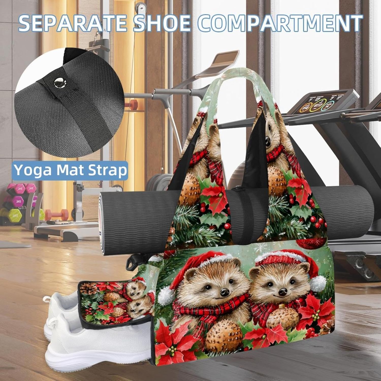 Gym Bag for Women, Hedgehogs Mushroom Snowflake Yoga Mat Bag with Shoe Compartment, Sport Yoga Gym Bag with Yoga Strap, Carryall Yoga Tote Bag