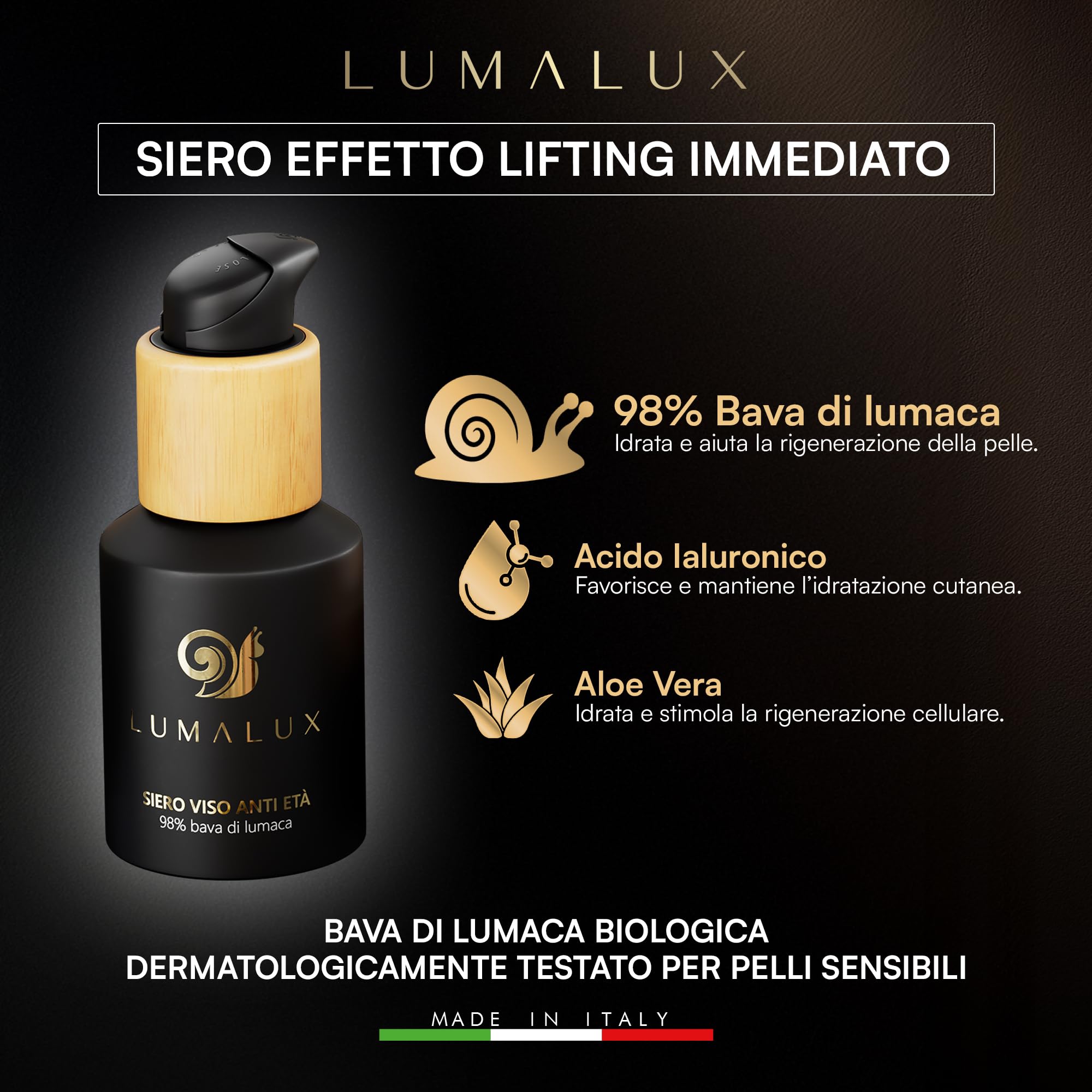 Lumalux- 2 in 1, Siero e Crema con Bava Di Lumaca 98% e 75%- Acido Ialuronico Antirughe e Aloe Vera