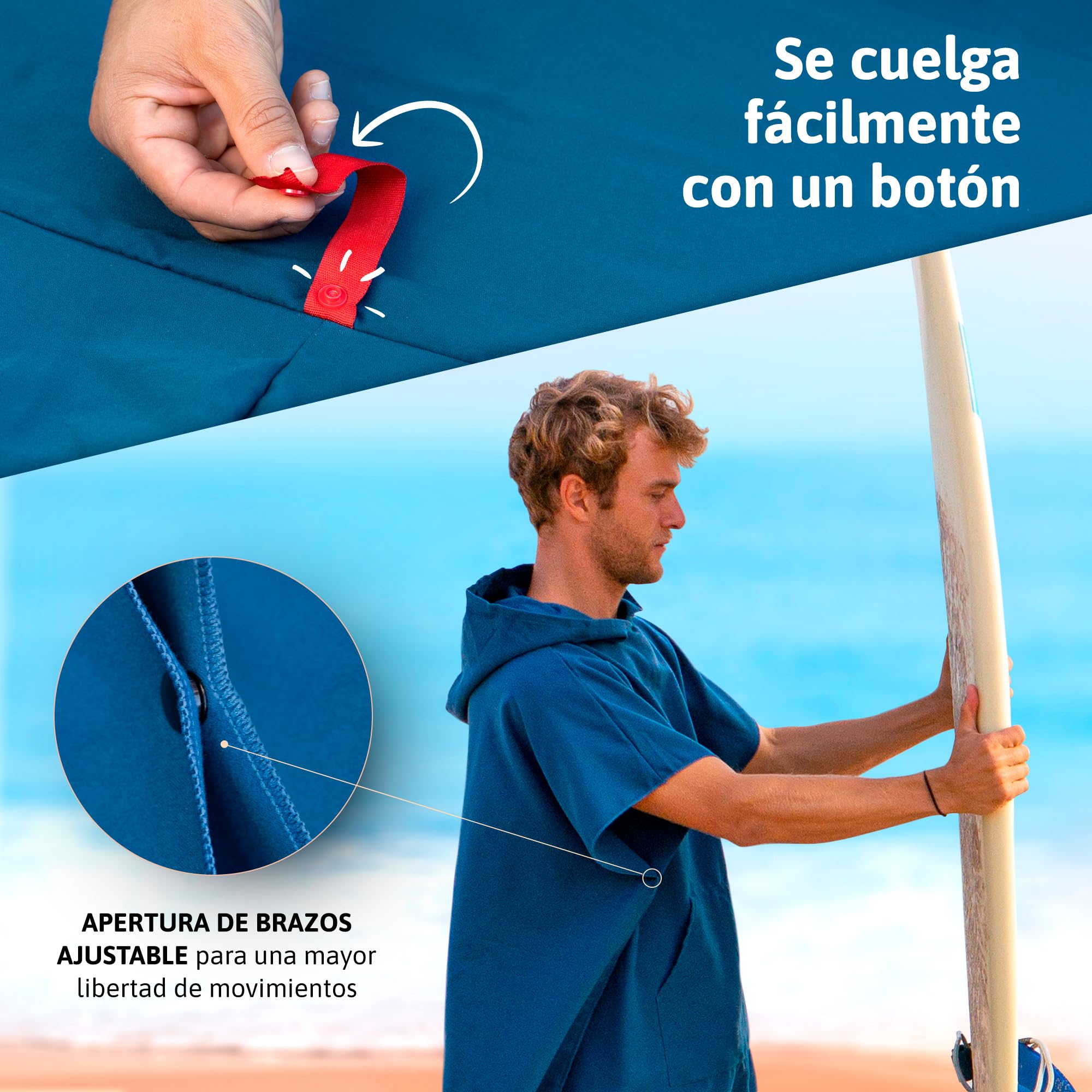 AUTDOOR® Poncho Surf - Fabricado a Partir de Botellas de plástico recicladas - Toalla de Piscina compacta, Ligera y de Secado rápido Ideal para natación y Deportes acuáticos (Azul, Mediano)