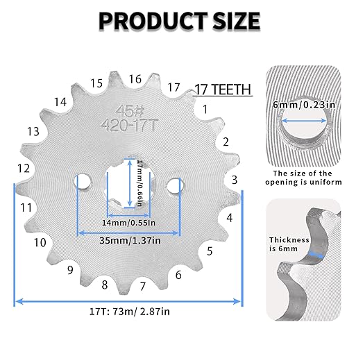 Miniatura 2 de Piñón de cadena 420 17T Piñón delantero de 0.669 in compatible con 50cc 70cc 90cc 110cc 125cc 140cc15cc 160cc Lifan Loncin Dirt Bike, ATV, Go Kart