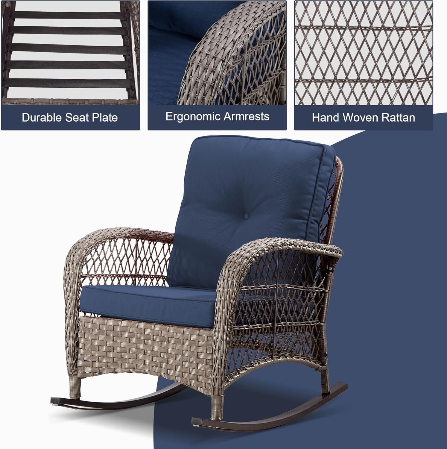 Wicker Rocking Chair with Cushion for Outdoor Patio - Rattan Rocker Chair for Porch, Deck, Balcony, Backyard - Wicker Furniture for Relaxation